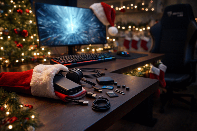 best Christmas stocking stuffers for gamers on a festive gaming desk setup with accessories and Christmas decorations