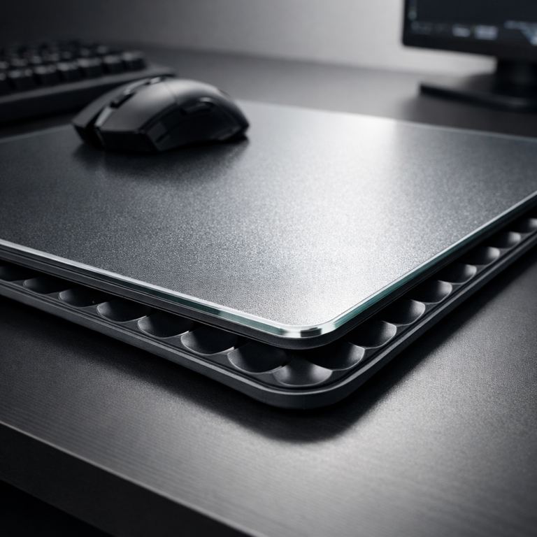 Wallhack mousepad SP-005 review showing the premium tempered glass surface and silicone base on a gaming desk setup.