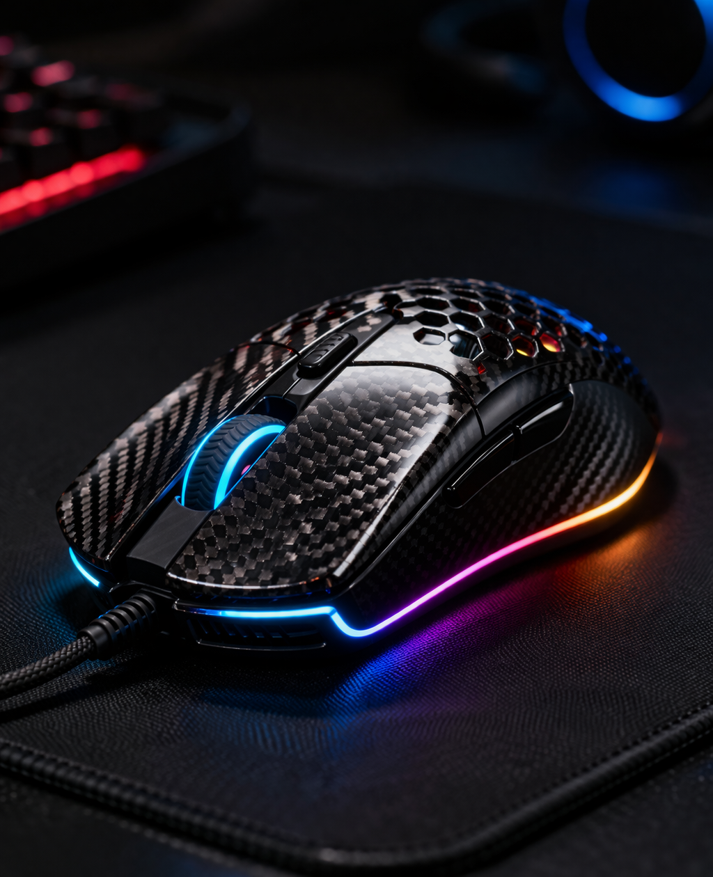 Carbon fiber gaming mouse on a professional FPS gaming setup with RGB lighting