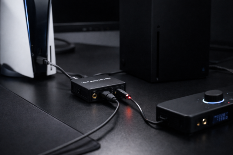 HDMI audio extractor fixing PS5 audio muffled issue by restoring optical audio output for gaming headsets